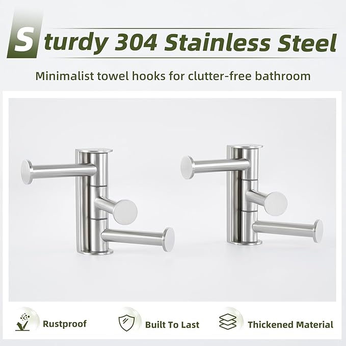 APLusee Swivel Towel Hook Brushed Nickel, 304 Stainless Steel 3 Arms Foldable Bathroom Robe Towel Hook, Shower Coat Hanger, Wall Kitchen Holder, 2 Pack