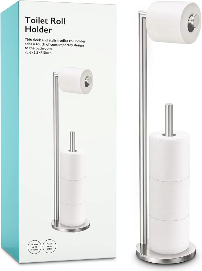 Brushed Nickel Toilet Paper Holder Stand, Bathroom Toilet Paper Roll Holder Stand with Reserve, Free Standing Toilet Paper Holder with Storage