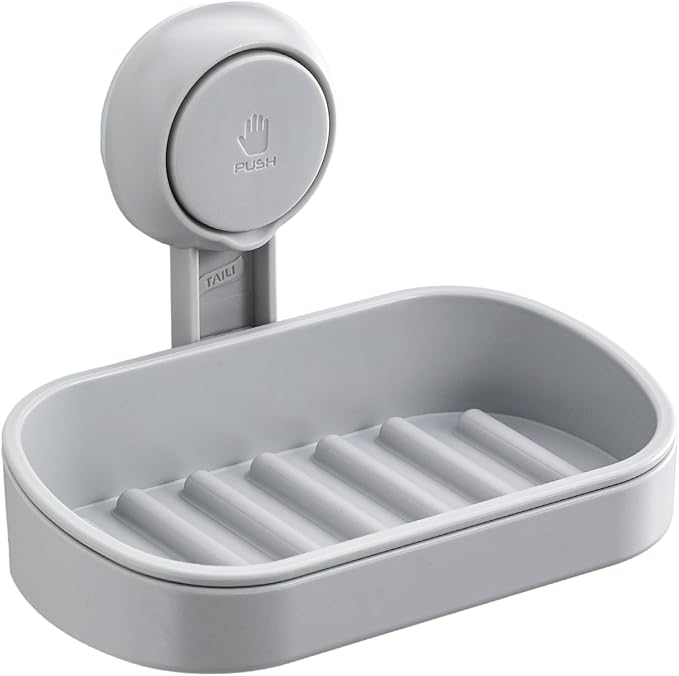 TAILI Soap Dish Bar Holder Suction Cup,Soap Saver with Powerful Vacuum Suction,Sponge Holder for Shower,Bathroom,Tub and Kitchen Sink, Universal Shower Accessories,Drill-Free,Removable,Grey