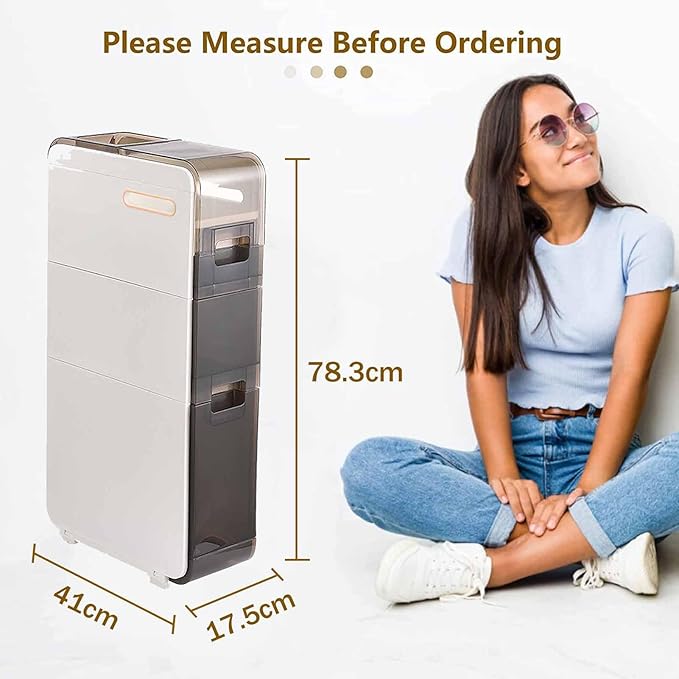 Plastic Bathroom Storage Cabinet Narrow Slim Gap Floor Organizer Side Unit Rolling Waterproof Toilet Paper Holder with Drawers and Handle for Small Kitchen Laundry