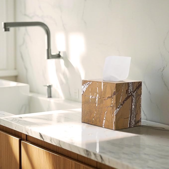 Natural Marble Tissue Box Holder Square Facial Tissue Bathroom Organizer Dispenser Bedroom Vanity Decor for Home Decor, Kitchen, Livingroom(NS034)
