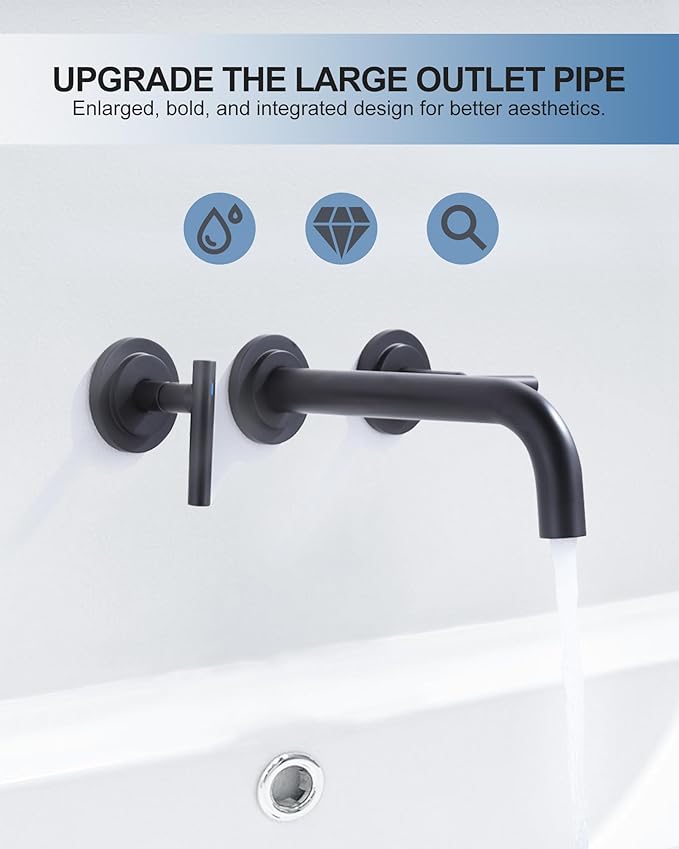 WOWOW Wall Mount Bathroom Faucet Matte Black Wall Faucet High Flow Two Handles Stainless Steels,Long Spout Reach,Widespread Bathroom Sink with Rough-in Valve 3 Holes Elegant Classic Spout