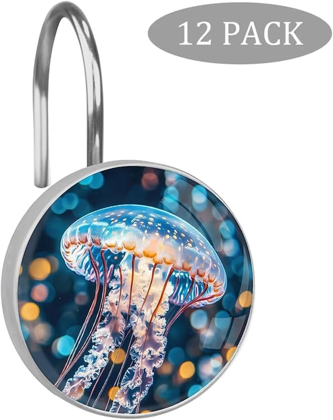 Jellyfish Decorative Shower Curtain Hooks,12 Pcs Rust Proof Glass Surface Stainless Steel Curtain Rings for Bathroom Bedroom Living Room Shower Rods Decor