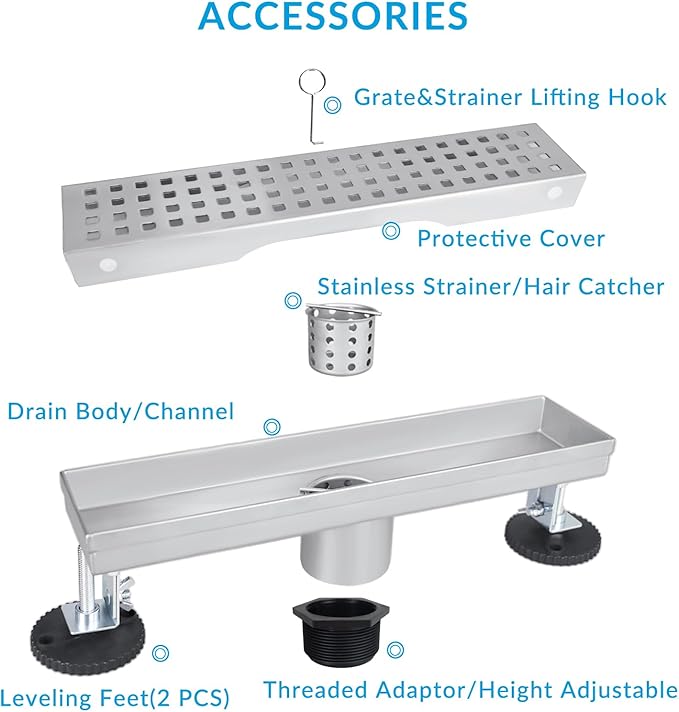 12 Inch Removable Cover Linear Shower Drain 304 Stainless Steel Rectangular Floor Drain for Kitchen Bathroom Square Hole Pattern Drain with Accessories Hair Strainer Adjustable Leveling Feet (Silver)