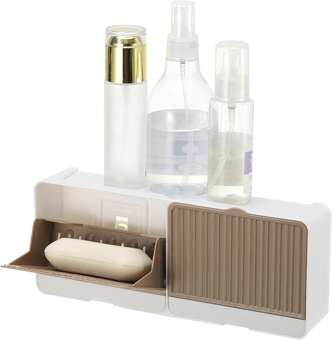 uxcell Soap Holder, 10 x 3.94 x 2 Inches Double Grid Wall Mounted No Drill Soap Dish for Shower, Bathroom & Kitchen - Self Draining Design Keeps Soap Dry (Khaki)