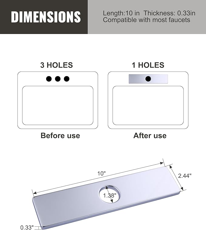 10" Sink Faucet Hole Cover Deck Plate for Kitchen & Bathroom Vanity Sink, Faucet Chrome Escutcheon Plate Stainless Steel Outside Faucet Cover Cap for 1 or 3 Hole Mixer Tap (Rectangle)