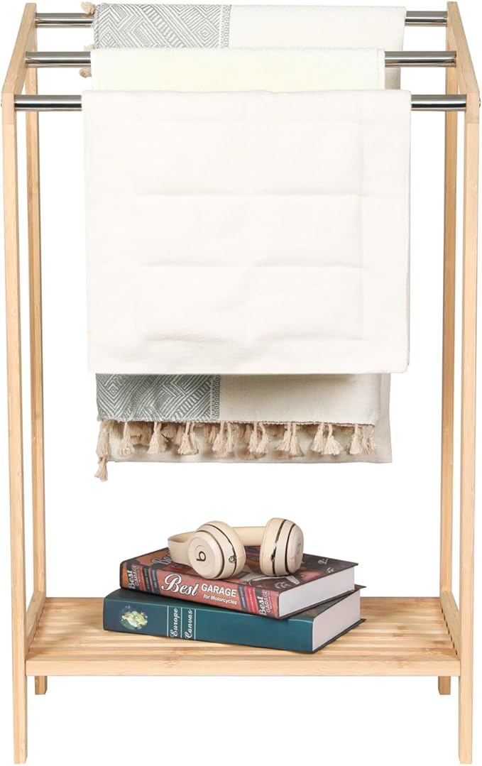 HYNAWIN Free-Standing Towel Rack,3 Tiers Bathroom Towel Drying Rack with Bottom Shelf,Wooden Blanket Holder, Bamboo Multi-Use Organizer for Towels, Blankets, and Slippers