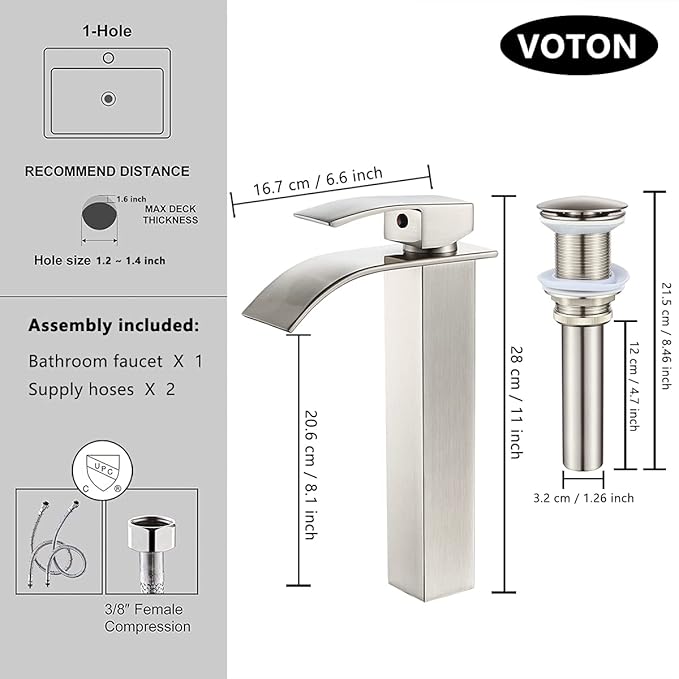 VOTON Vessel Sink Faucet Brushed Nickel Modern Tall Waterfall Bathroom Sink Faucet with Pop-Up Drain Single Handle Bathroom Faucet 1 Hole Bowl Lavatory Vanity Faucet, Rv Sink Camper Farmhouse Faucet