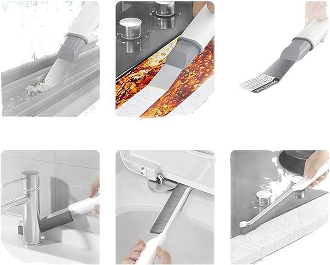 Crevice Brush – Hard Bristles Cleaning Tool with Stainless Steel Scraper for Grout Toilet Baseboard Window Screen Stove Slide Door, Household Bathroom Kitchen Small Space Corner Cleaners Accessory