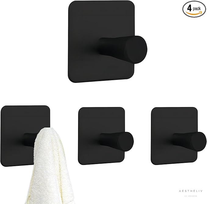 Adhesive Hooks for Hanging - 4 PCs, Towels Hooks for Bathroom, Sticky Hooks for Walls No Damage, Adhesive Hook for Outside, Kitchen, Bathroom, Office (Hook 2)
