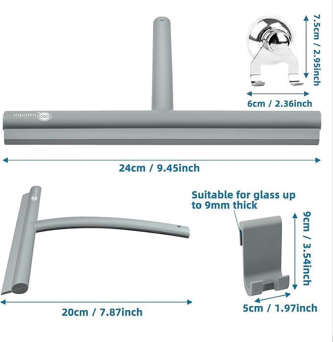 9 Inch Rounded Shower Squeegee with Hook & Suction Cup | Stainless Steel Core Silicone Wiper for Glass, Ceramic Doors & Windows - Grey Multi-Use Tool