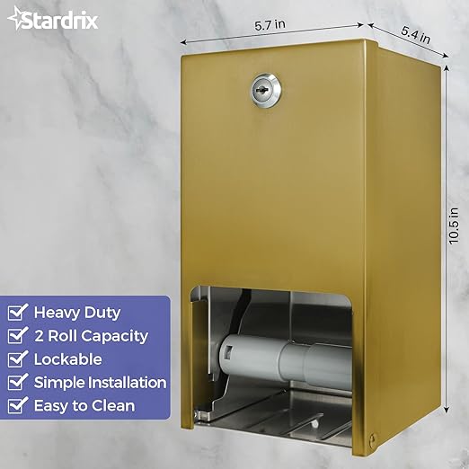 Gold 2 Roll Stainless Steel Commercial Toilet Paper Dispenser, Heavy Duty Wall Mount Tissue Holder with Lock for Restroom/Bathroom