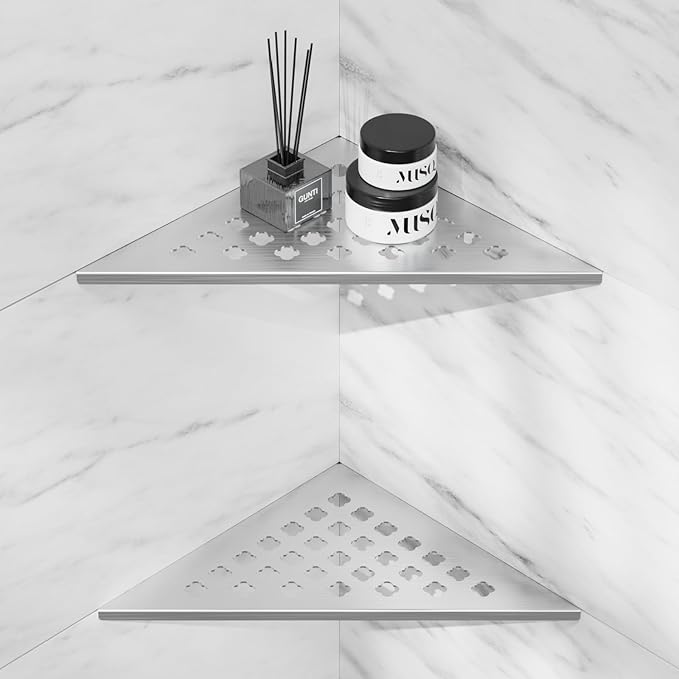 Corner Shower Shelf 10" Slot Design Recessed Shower Shelves for Tiled Wall, 2 Pack 304 Stainless Steel Corner Shelves for Bathroom Organizer (Silver, Floral)