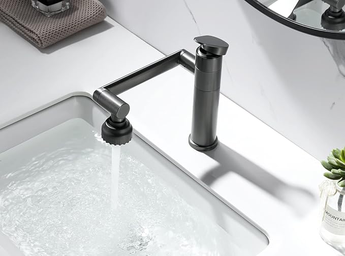 1080 Degree Swivel Bathroom Faucet Gun Grey Lavatory Basin Sink Faucet 1 Handle Big Angle Spray Aerator Spout Extender Universal 360° Rotating Arm Splash Filter 2 Water Outlet Modes