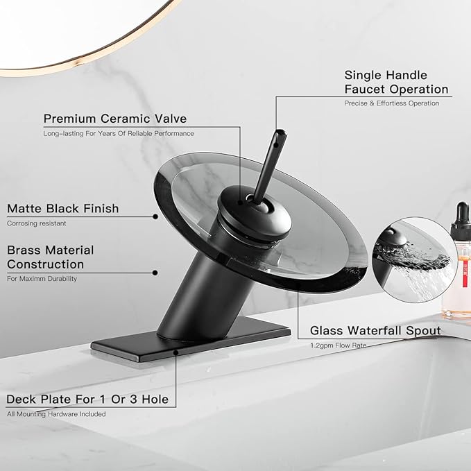 Bathroom Faucet Black Glass Spout Waterfall Single Handle One Hole Bath Sink Faucet Vanity Lavatory Basin Mixer Tap with Cover Plate Deck Mount Commercial