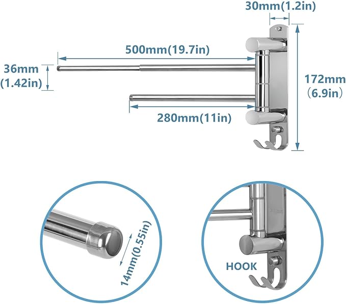 Bathroom Towel Rack JSVER SUS304 Stainless Steel Towel Rack, Adjustable 2 Arms Swivel Towel Holder, Wall Mounted Towel Racks for Bathroom
