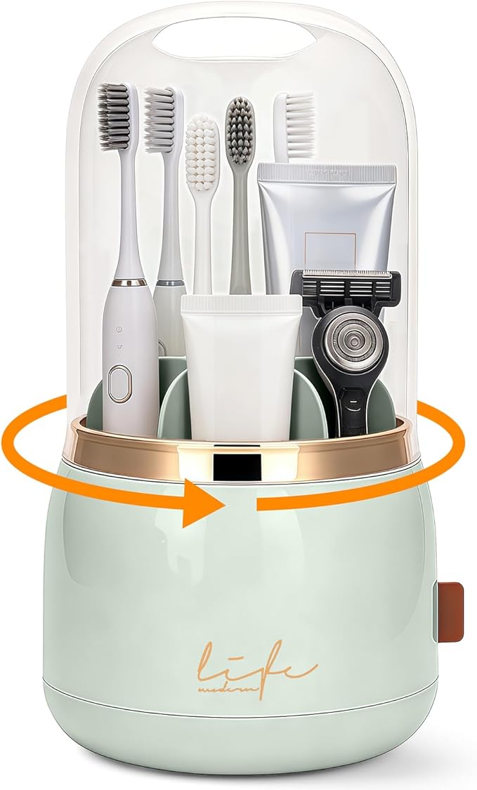 360 Rotating Toothbrush Holder with Cover, 7-Slot Bathroom Organizer with Drainage for Electric Toothbrushes & Toothpaste, Countertop Vanity Storage for Makeup Brushes