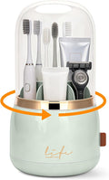 360 Rotating Toothbrush Holder with Cover, 7-Slot Bathroom Organizer with Drainage for Electric Toothbrushes & Toothpaste, Countertop Vanity Storage for Makeup Brushes