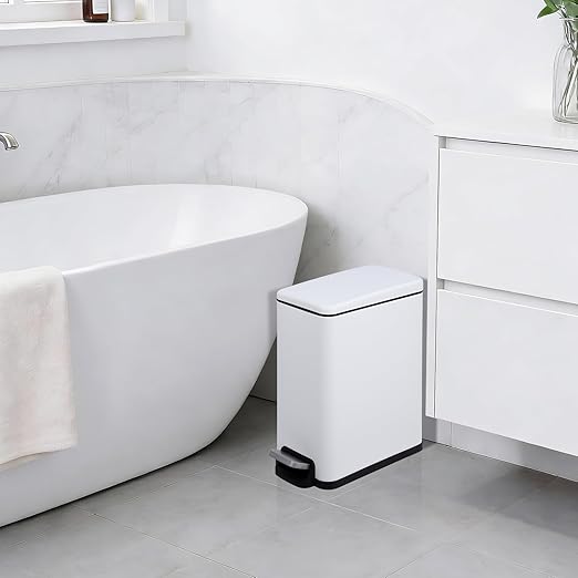 Garvee Small Bathroom Trash Can with Lid, 10 Liter / 2.6 Gallon Stainless Steel Garbage Can with Removable Inner Bucket & Step Pedal, Slim Metal Trash Bin for Toilet, Bedroom, Kitchen, Office, White