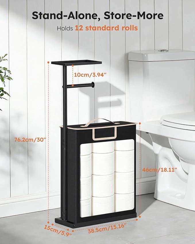 Toilet Paper Holder Free Standing with Storage for Up to 12 Rolls,Rustproof Metal Toilet Paper Stand with Shelf,All-in-One Toilet Tissue Roll Dispenser and Organizer with a Lidded Basket,Black