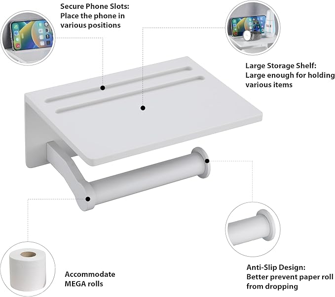 Toilet Paper Holder with Phone Shelf - Tissue Roll Holder Bathroom Storage Dispenser - Adhesive Toilet Paper Holder Wall Mount Bathroom Décor - Matte White