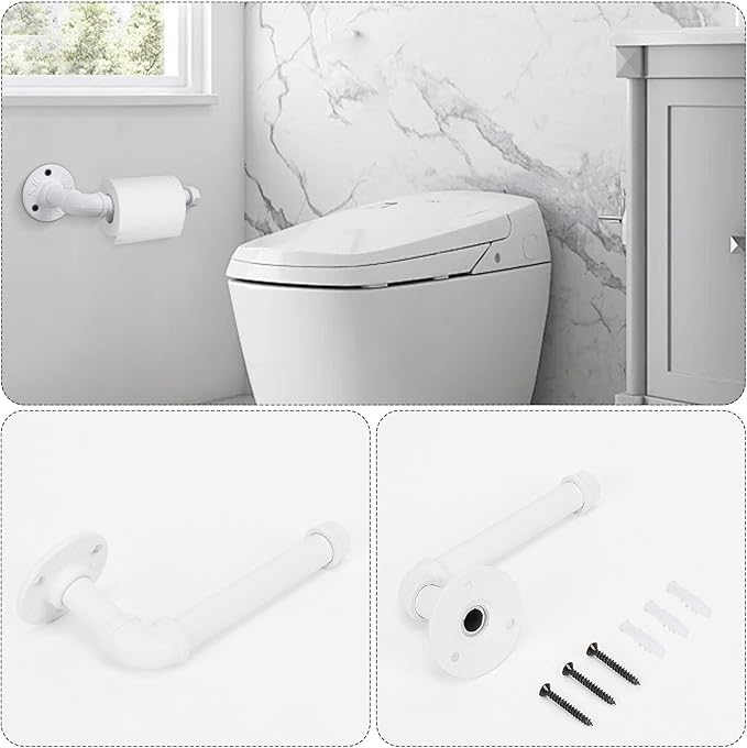 4-Pieces Industrial Pipe Bathroom Towel Ring Kit DIY Wall Mount Accessories Kit Includes Robe Hook Towel Bar and Towel Ring (White 24 inch)