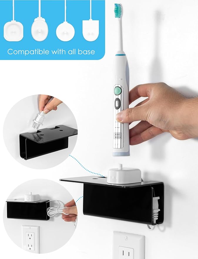 OAPRIRE Electric Toothbrush Holder Wall Mounted, Acrylic Electric Toothbrush Holder for Bathroom Come with Cable Organizer, Saving Space and Convenient Charging - Black