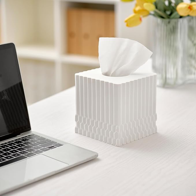 White Tissue Box Cover Square, Tissue Box Holder for Bathroom Countertop,Vanity, Tabletop, Bedroom Night Stand,Office and Living Room Decorative - Modern Geometric Striped Tissue Paper Dispenser