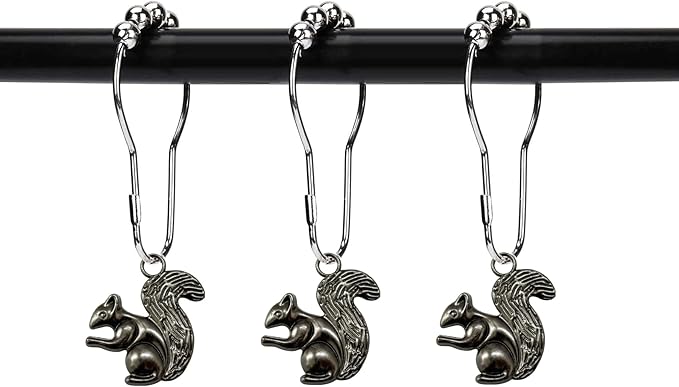 ZILucky12 Pcs Squirrel Shower Curtain Hooks, Stainless Steel Rustproof, Shower Curtain Rings, Minimalist Modern Decorative Design (Black-Squirrel)