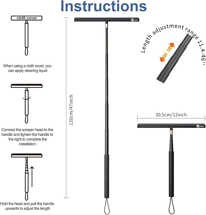 12 Inch Squeegee Shower Doors,Shower Squeegee with Long Handle,Extension Pole Squeegee, Bathroom Squiggy for Shower Glass,Car,Windshield, Doors,Up to 47 Inch,Black