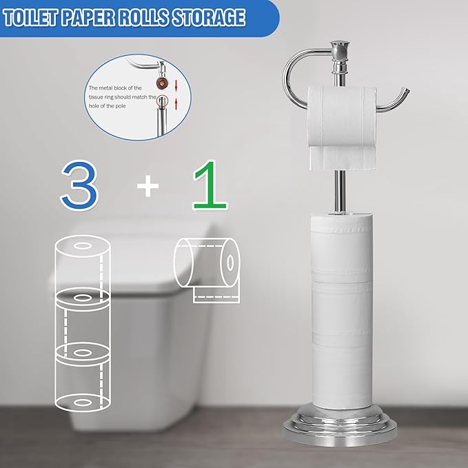 RUMOSE Toilet Paper Holder Stand for Floor, Polished Chrome Adjustable (12.4" to 22.8") Bathroom Toilet Tissue Holder, Free Standing Toilet Paper Roll Holder with Storage, Stainless Steel