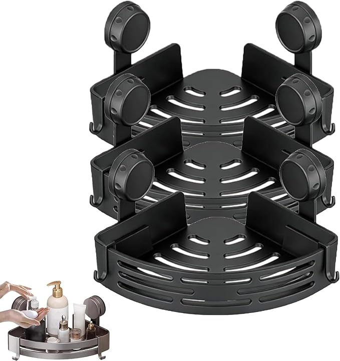 Triangle Suction Cup Shower Caddy, Corner Shower Shelves No Drilling, Upgrade Suction Cup Shower Organizer with Towel Bar & Hooks, Heavy-Duty Strong Hold (Black, 3pcs)