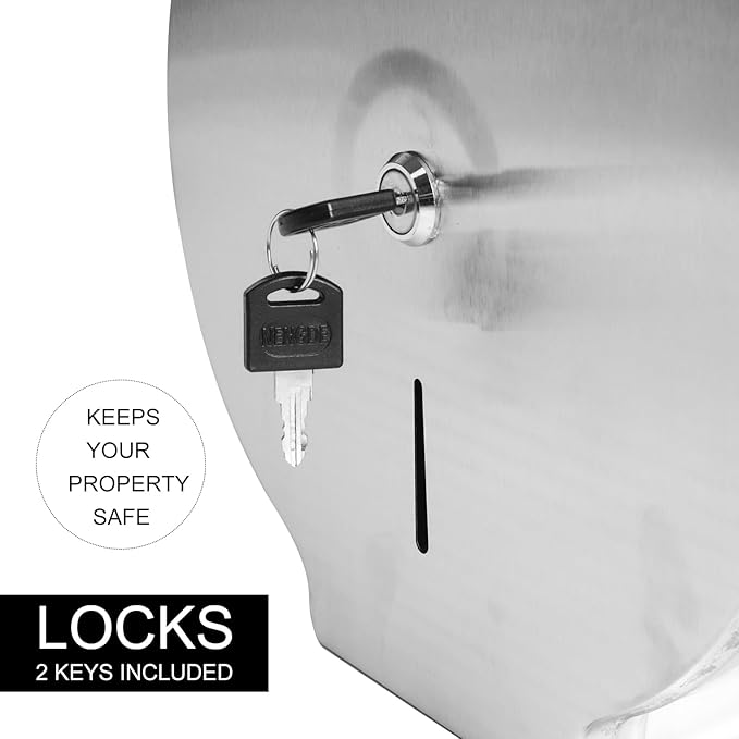 Toilet Paper Dispenser, Stainless Steel Wall Mount Toilet Paper Dispenser Holder Fits Any 9" Tissue Rolls Bath Tissue Holder Offices Homes Mounts Quickly 2 Keys & Lock, Comes with Papers
