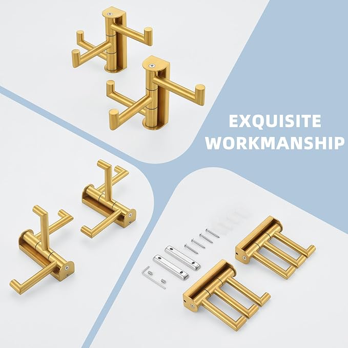 Suyar Bathroom Towel Hook Brushed Gold, SUS 304 Stainless Steel Swivel Coat Robe Holder 3 Foldable Arms, Rotating Wall Hook, 2 Pack