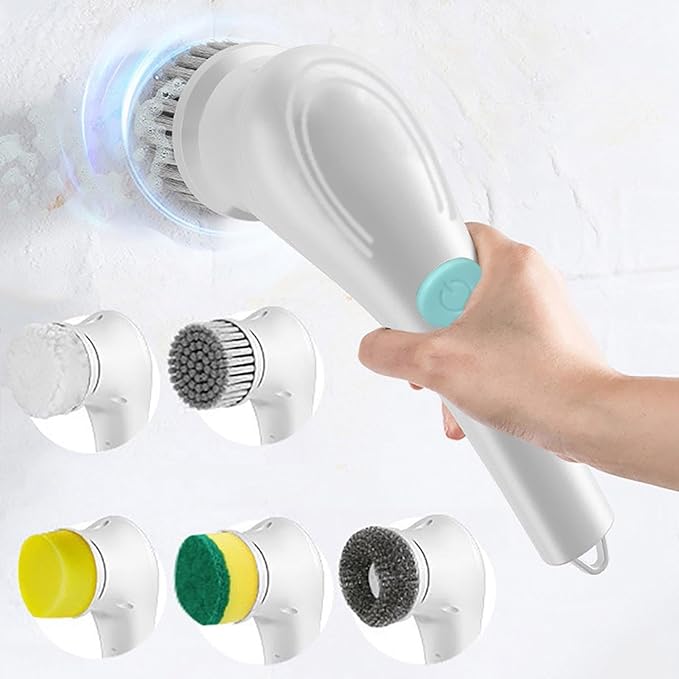 Electric Spin Scrubber, Cordless Cleaning Brush, 5 Brush Heads Rotary Power Cleaner, 90 Mins Runtime, Rechargeable Deep Clean Brush for Bathroom Kitchen Sink Tile Glass and Car (White)