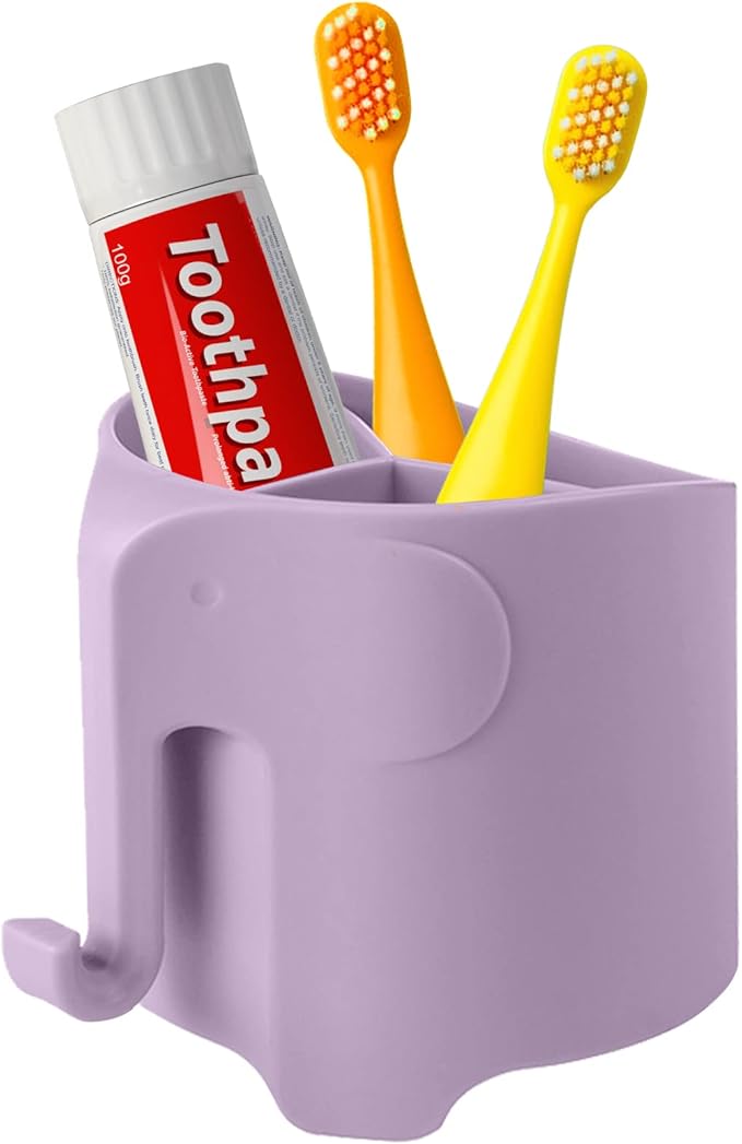 RyanLemon Elephant Toothbrush Holder for Toddler, Suction Cup Cute Toothbrush Holder for Kids, for Bathroom, with 3 Slots and 1 Hook, Light Purple