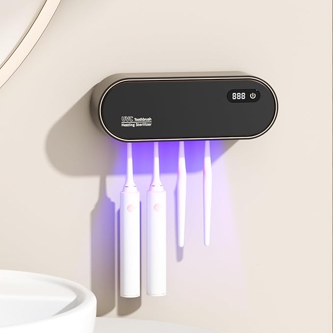 Toothbrush Holders for Bathrooms,Electric Toothbrush Holder with 24-Hour Smart Cycle Cleaning and hot air Drying, LED Display, Rechargeable Wall Mounted Tooth Brushing Holder (Black)