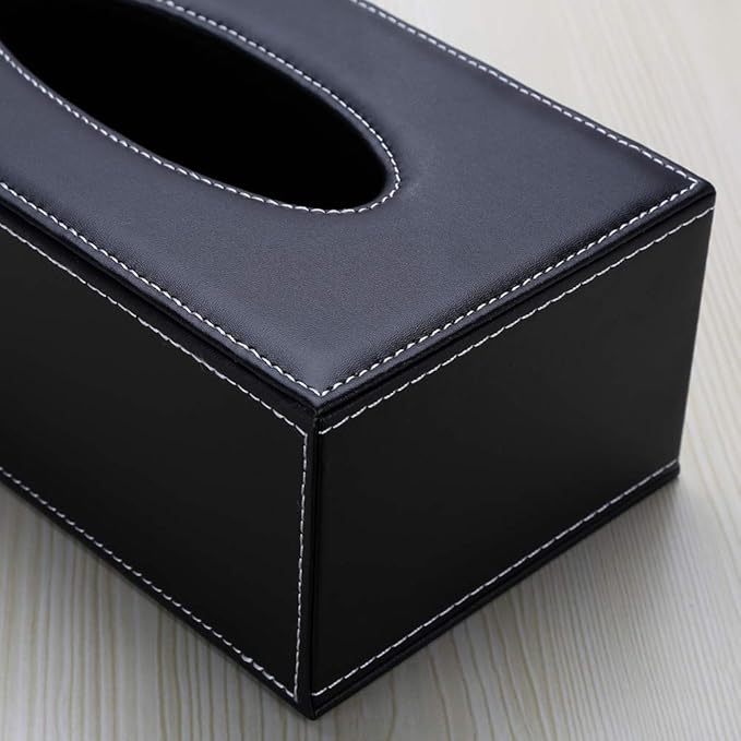 KINGFOM Rectangular PU Leather Tissue Box Cover - Facial Tissue Paper Napkin Holder for Bathroom, Home, Office, Car Automotive Decoration with Magnetic Bottom(Black)