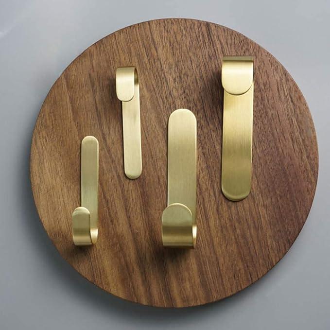 Brass Bath Towel Hook, Brushed Gold Coat Robe Clothes Hook for Bathroom Kitchen Garage Wall Mounted (Pack of 4), No Screw Need