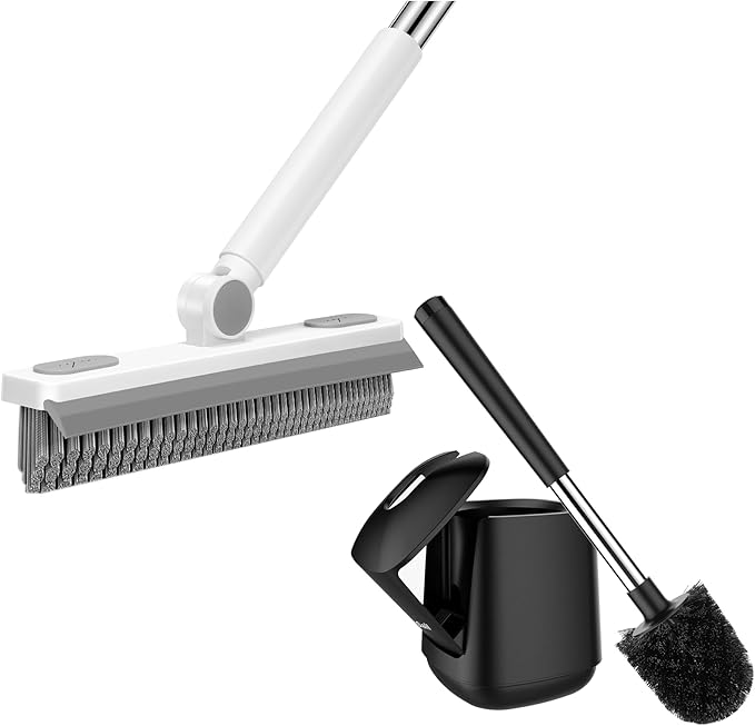 SetSail Grout Cleaner Brush with Long Handle & Toilet Brush and Holder, V-Shaped Floor Scrub Brush Swivel Grout Brush Stiff Bristle Floor Grout Scrubber for Bathroom, Tile Line, Crevice, Kitchen