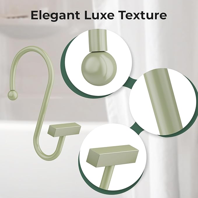 Sage Green Shower Curtain Hooks, Bathway Shower Curtain Rings Rust Proof, 12PCS Shower Hooks for Shower Curtain, T-Bar Design Convenient Elegant Shower Curtain Hangers for Bathroom Kitchen Wardrobe