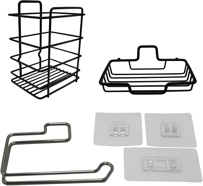 Shower Caddy 3 Pack - Soap Dish - Toothbrush and Paper Towel Holder - Practical Affordable Portable Home Living Bathroom and Kitchen Essentials - Black Toothbrush Holder Wall Mounted