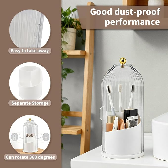 Rotating Toothbrush Holder with Sliding Dustproof Cover, 3-Slot Countertop Bathroom Organizer for Electric Toothbrush, Makeup Brushes, Vanity Sink Storage