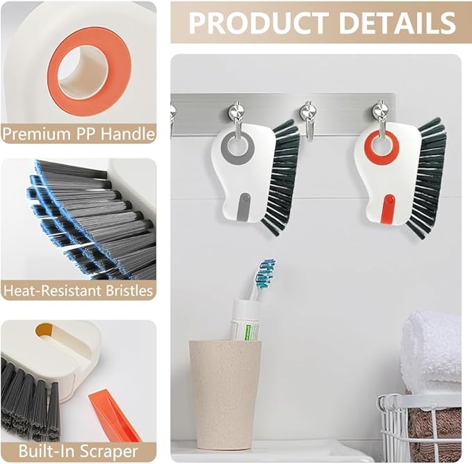 2 in 1 Groove Cleaning Brush, Window Track Cleaning Tools, Multifunction Window Track Cleaner with Hard Bristle and Hidden Scraper, Crevice Brush for Sliding Door Track, Window Seal, Sill (Orange)