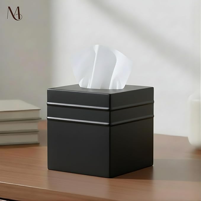Monarch Abode Tissue Box Cover Square – Handcrafted Border Embossed Black Metal Tissue Holder Box for Bathroom Accessory, Aesthetic Decorative Facial Napkin Cube for Modern Home Decor