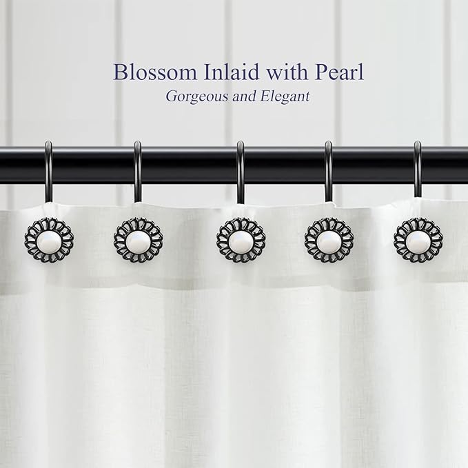 Black Sunflower Shower Curtain Rings and Hooks, Set of 12 Metal Rings and Hooks, Floral Pearl Finish, Matte Black