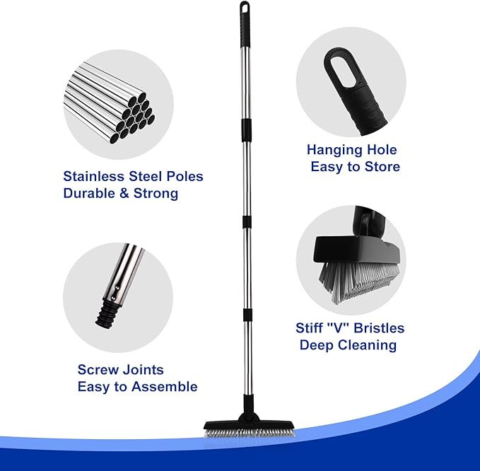 BITOPE Grout Brush Cleaner with Adjustable Long Handle Swivel V-Shaped Stiff Bristles Scrubber for Cleaning Tile Crevice Line Corner Bathroom Shower Baseboards Hard to Reach Areas-56 inch