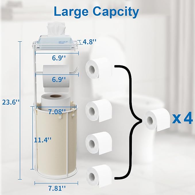Standing Toilet Paper Storage Rack, Rustproof Metal Stand Up Toilet-Paper Roll Holder, Free Standing Tissue Holder for Bathroom, Tissue Holder with Shelf for Wipes & Phone, White