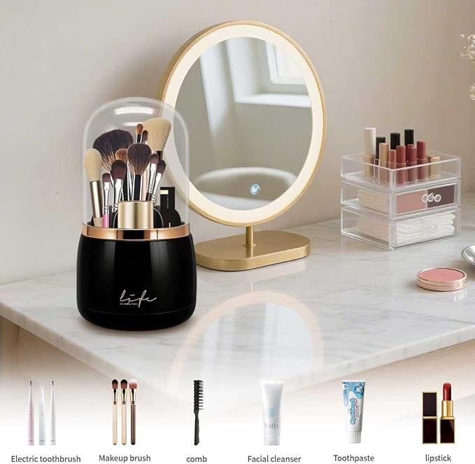 Toothbrush Holders with Cover, Dustproof 360 Rotating 7 Slots Toothpaste Holder for Bathroom Organizer Countertop, Makeup Brushes Organizer, Bathroom Accessories (Black)