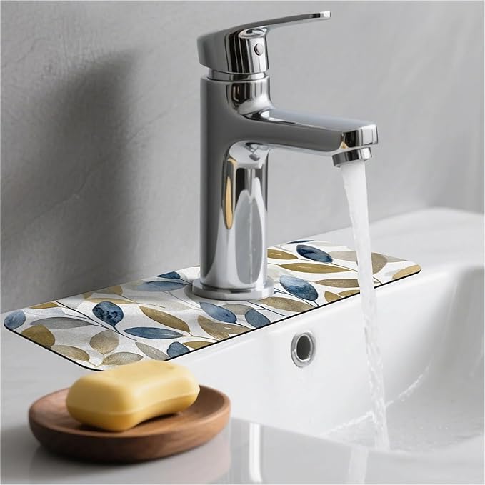 Kitchen Sink Splash Guard，olive leaves Faucet Mat Sink Gadgets-Super Absorbent Fast Drying Mat Drip Catcher for Kitchen, Bathroom,Sink Mat, Dish Drying Mat, Bathroom(15" X 5.5" )